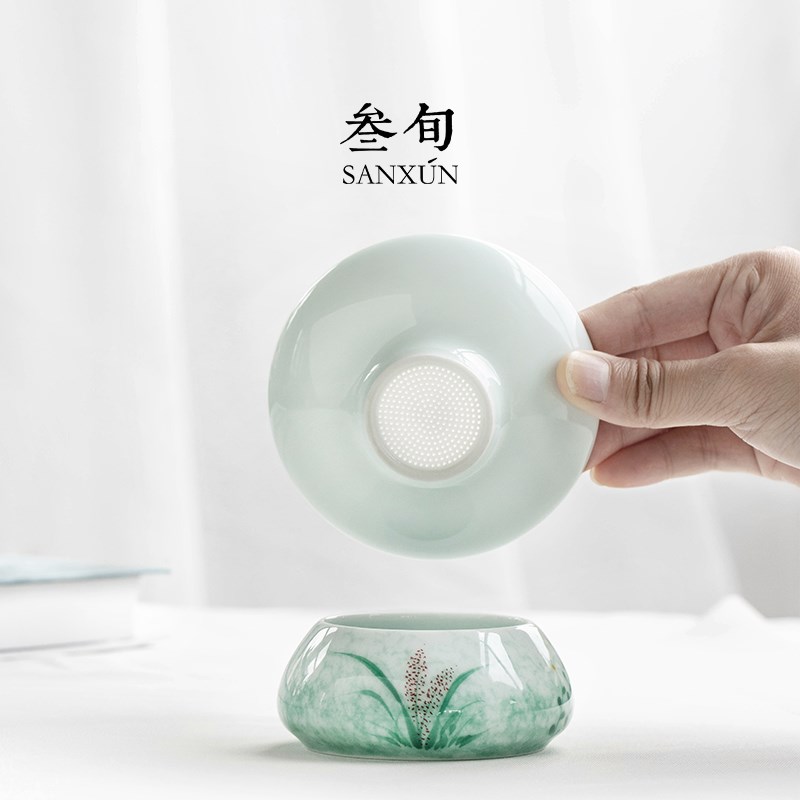 叁旬手绘蒹葭茶滤家用陶瓷高级茶隔分茶器茶具配件细密茶叶过滤网
