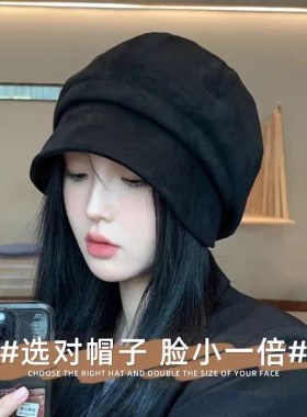 显脸小渔夫帽女秋冬大头围麂皮绒