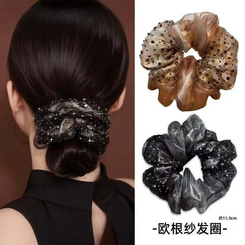 新款欧根纱镶钻大肠发圈高级感