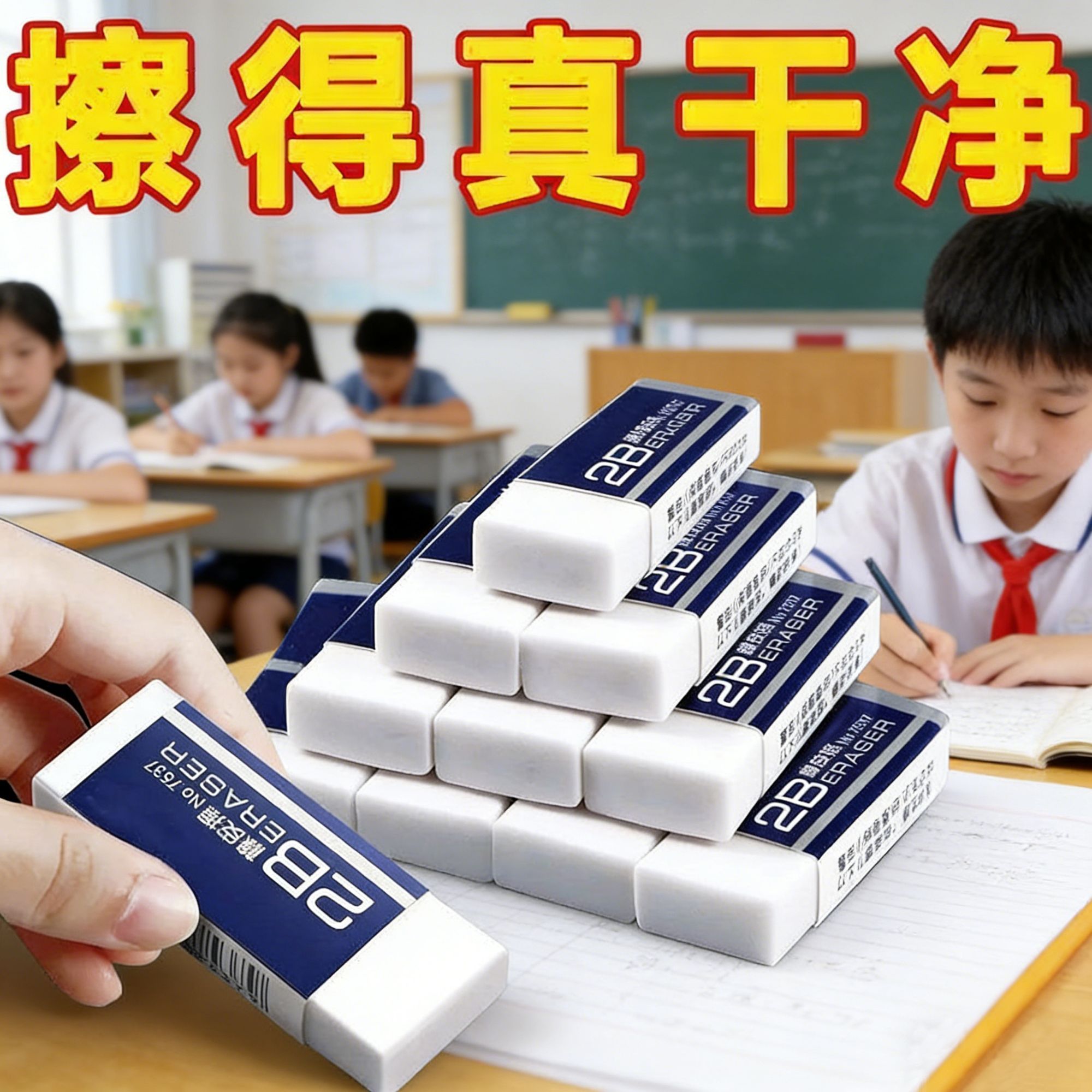 2B擦字洁净橡皮学生考试素描绘画办公少屑橡皮擦文具套装定制