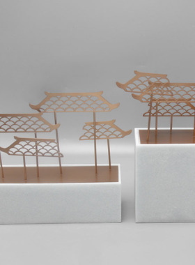 新中式现代样板房间酒店玄关软装饰品家居客厅金属屋檐工艺品摆件