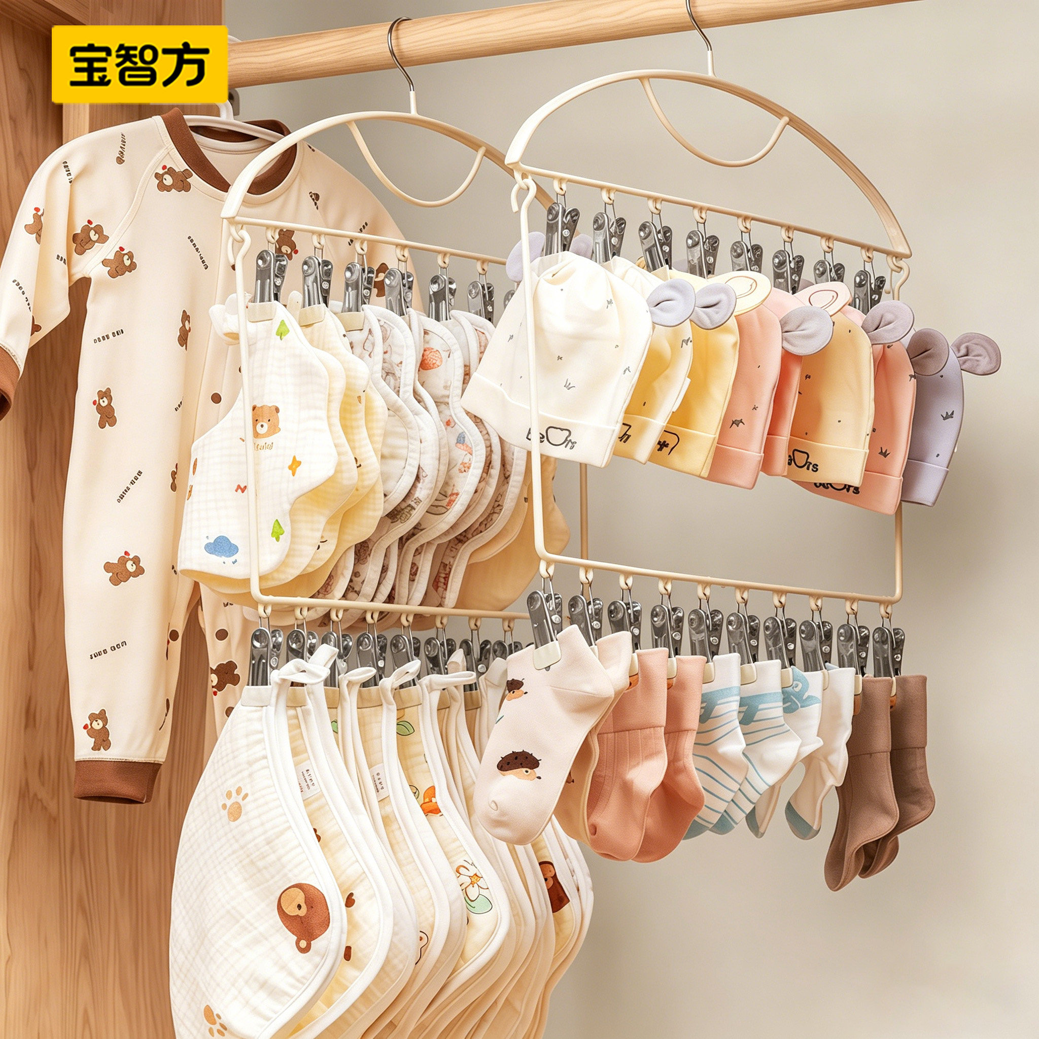 日本多夹子婴儿衣架宝宝专用新生儿袜子口水巾晾晒架衣柜收纳神器