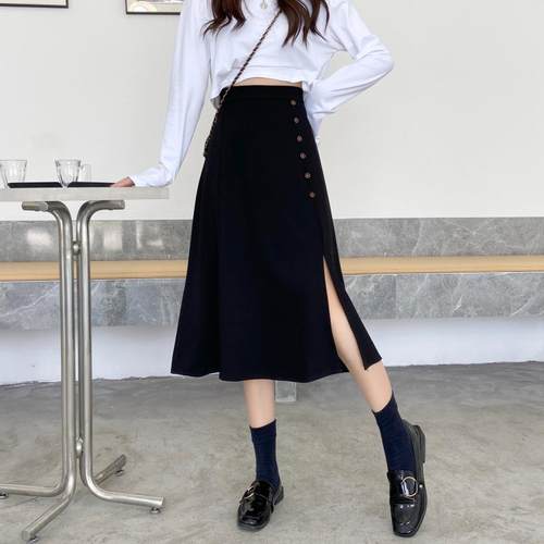 黑色侧开叉半身裙女垂感打底中长裙大码设计感高腰遮胯过膝a字裙