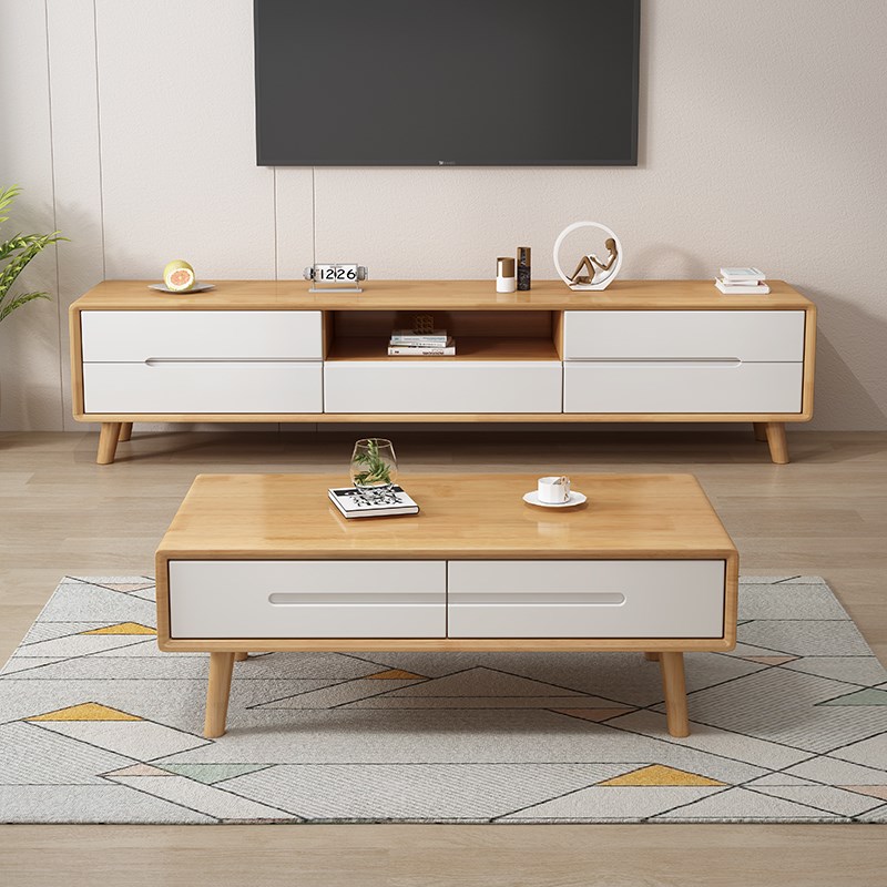 全实木电视柜茶几组合小户型北欧简约家用客厅橡胶木电视机柜矮柜