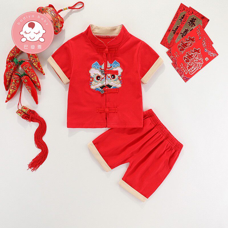 男宝宝抓周晏衣服夏季新生儿满月男童国风汉服夏装一周岁礼服套装