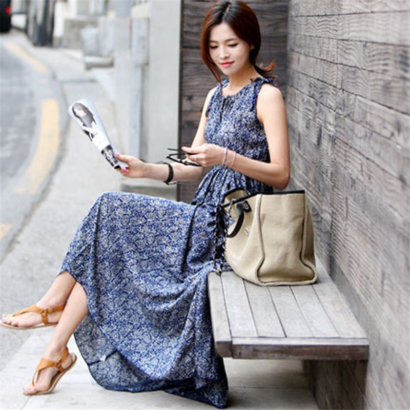 棉绸连衣裙长款海边度假沙滩裙子女夏季波西米亚碎花长裙夏天显瘦