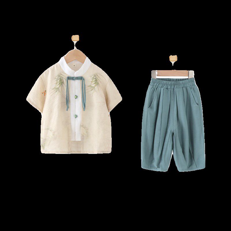儿童汉服男童短袖套装夏季薄款周岁礼服国风新中式唐装小孩演出服