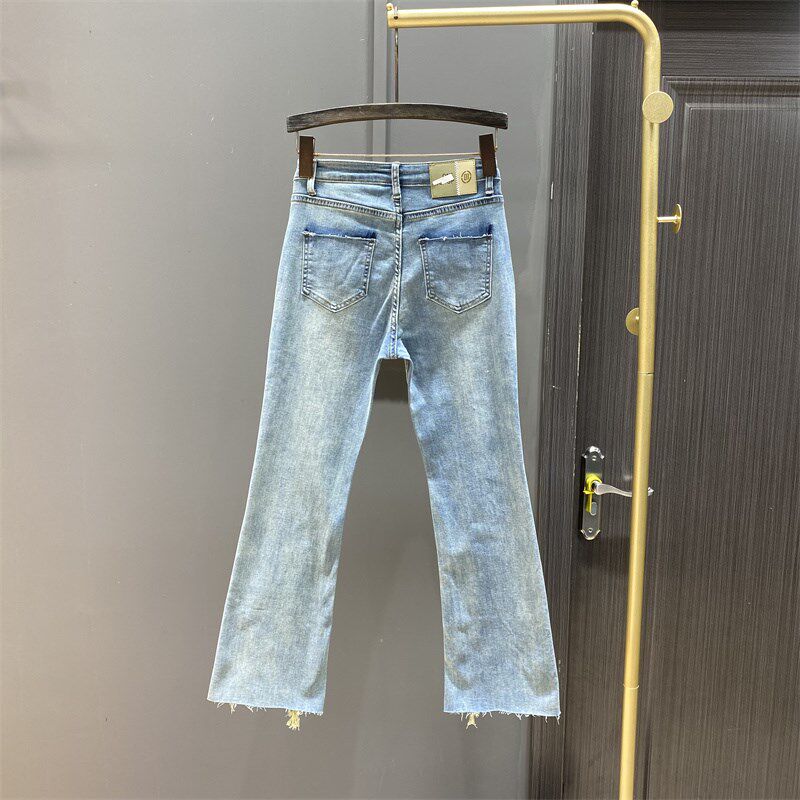 浅蓝色弹力秋季小个子高腰牛仔微喇裤女开叉毛边直筒九分烟管裤子