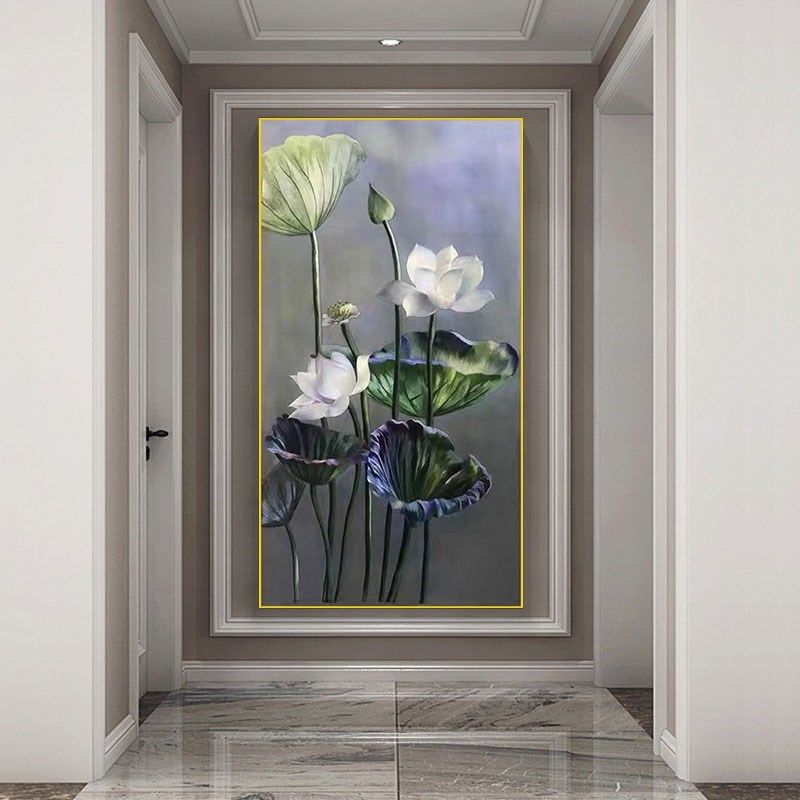 大芬村手绘油画中式荷花简约玄关竖版装饰画客厅沙发背景壁画挂画