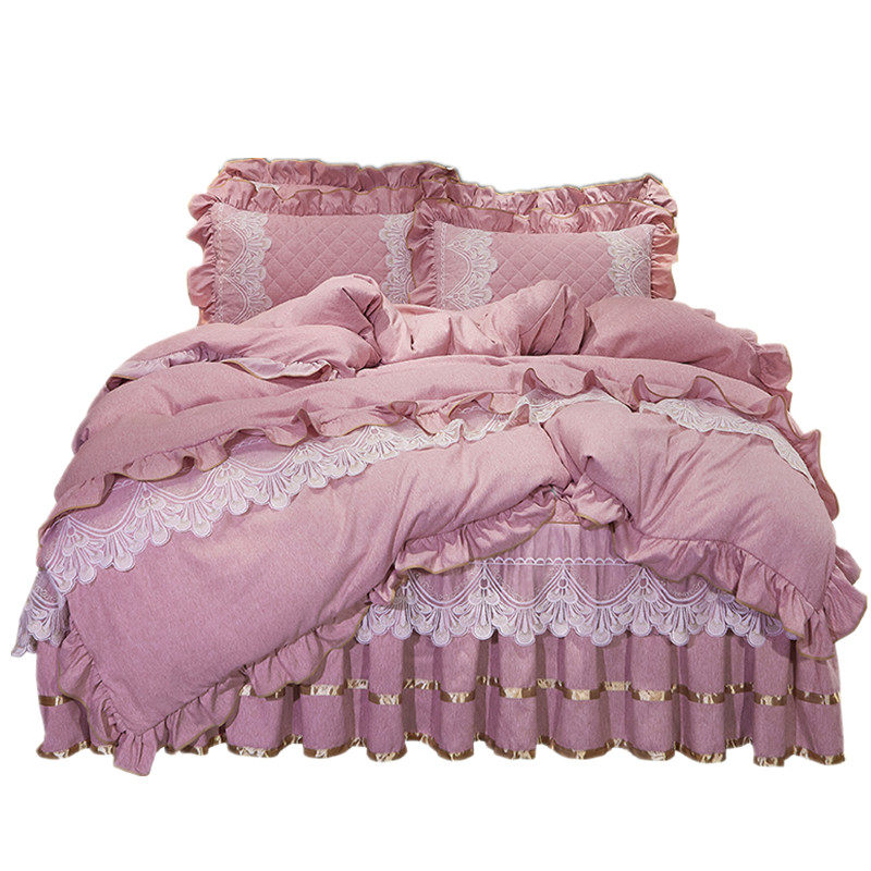 床上用品四件套韩式床裙4件套 夹棉加厚床罩套件蕾丝床套花边被套