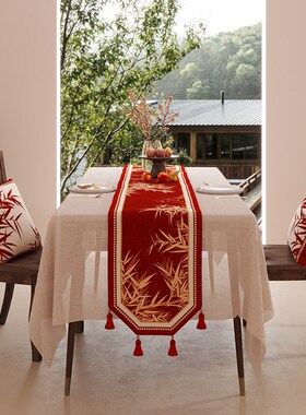 中式结婚桌旗喜字高级感餐桌茶几茶席台布红色婚礼婚庆桌布连理枝