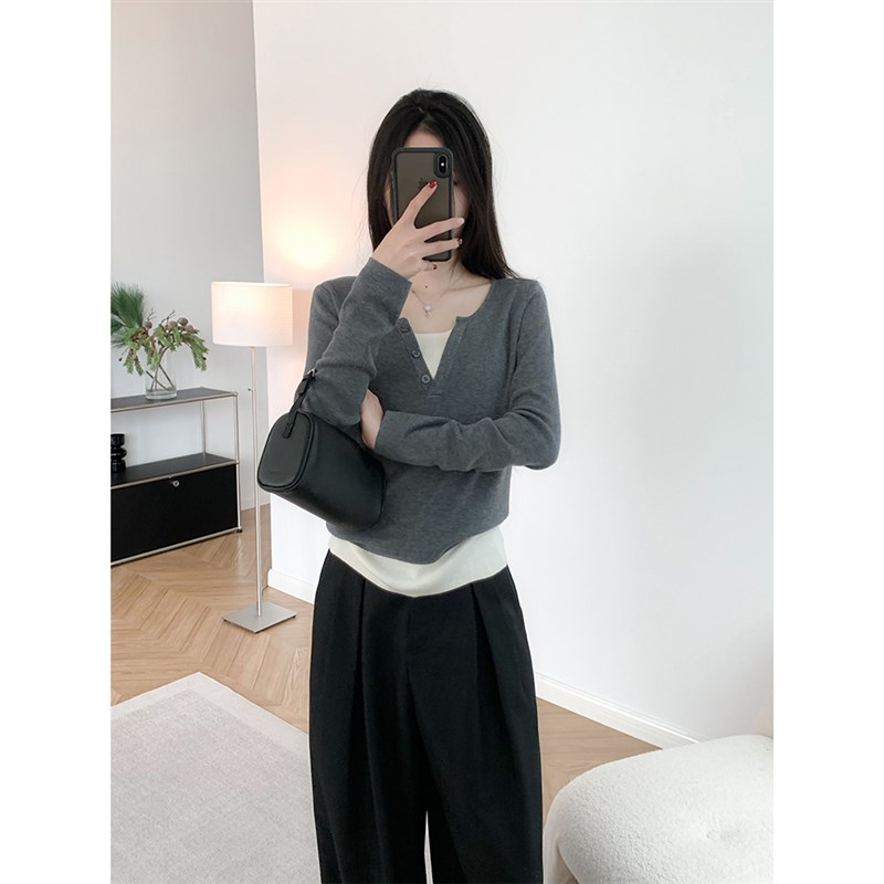 耐看选手 撞色假两件秋冬羊毛长袖针织衫套头毛衣打底女装上衣