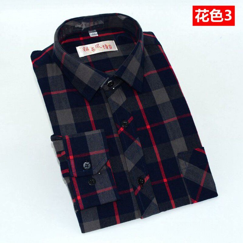 新款纯棉老粗布男士磨毛长袖衬衣中老年格子上衣家乡特产土布衬衫