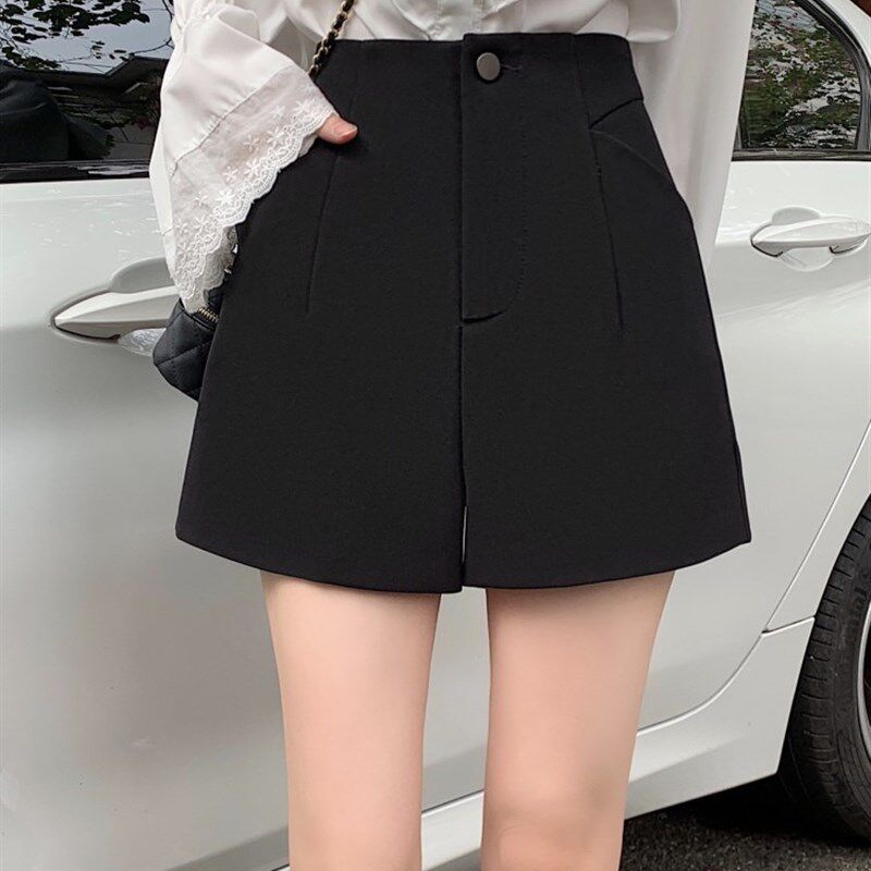 西装短裤春夏阔腿裤女胖mm白色外穿黑色咖色小个子遮肚显瘦休闲裤