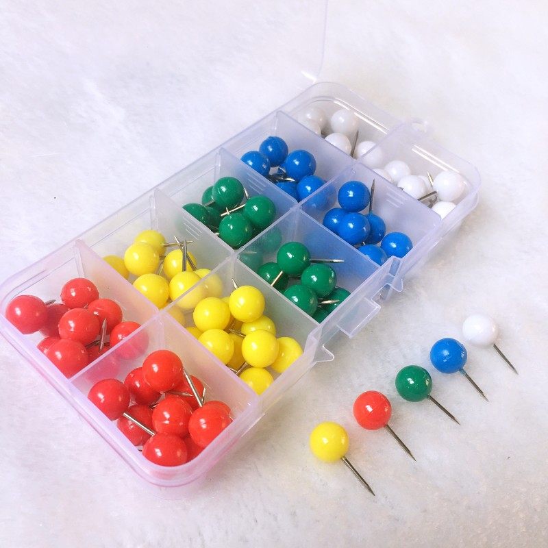 五色盒装100枚 圆球钉工字钉糖果彩色圆地球形 地球钉 图钉软木钉