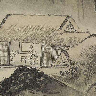 唐寅西山草堂图国画山水人物画横幅挂画高清微喷复制临摹稿装饰画