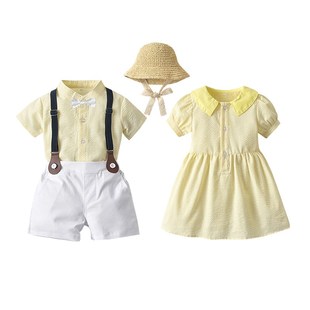 龙凤胎条纹兄妹套装女宝娃娃裙遮阳草帽1-10岁男女童夏轻薄姐弟装