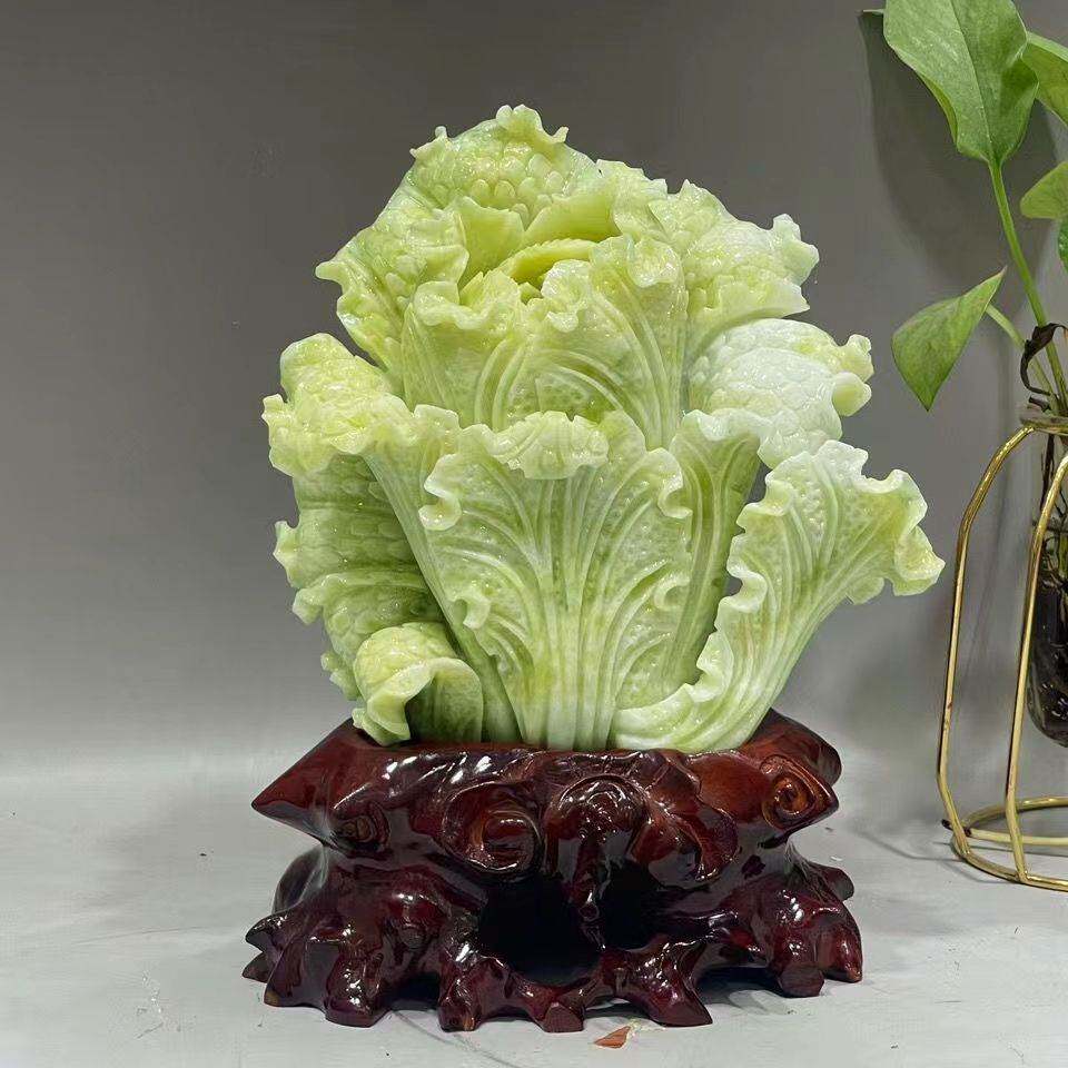 玉石白菜摆件坐地生财天然玉石原石手工雕刻玉家居装饰博古架摆设