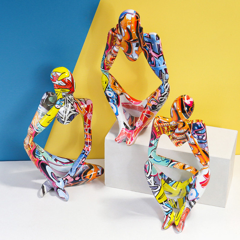 美式彩绘左思右想摆件抽象人物艺术装饰办公室酒柜迷你轻奢小摆设