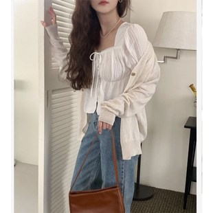 上衣女 法式 高级感洋气甜美百搭短袖 方领泡泡袖 收腰系带蕾丝边衬衫