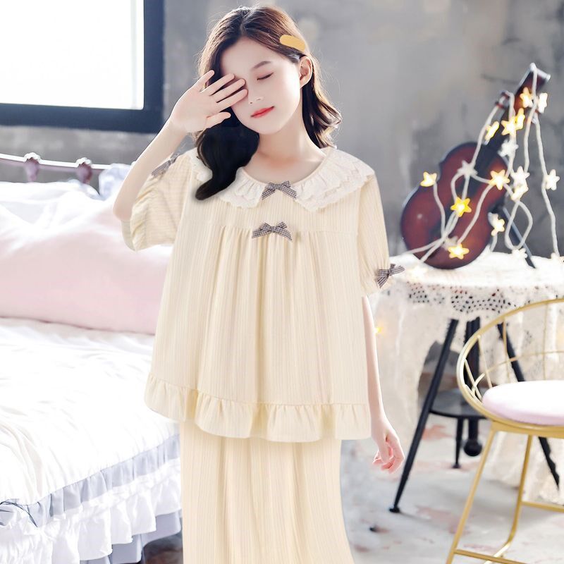 女童2023年新款短袖长裤睡衣女夏季天纯棉可爱公主风家居服套装