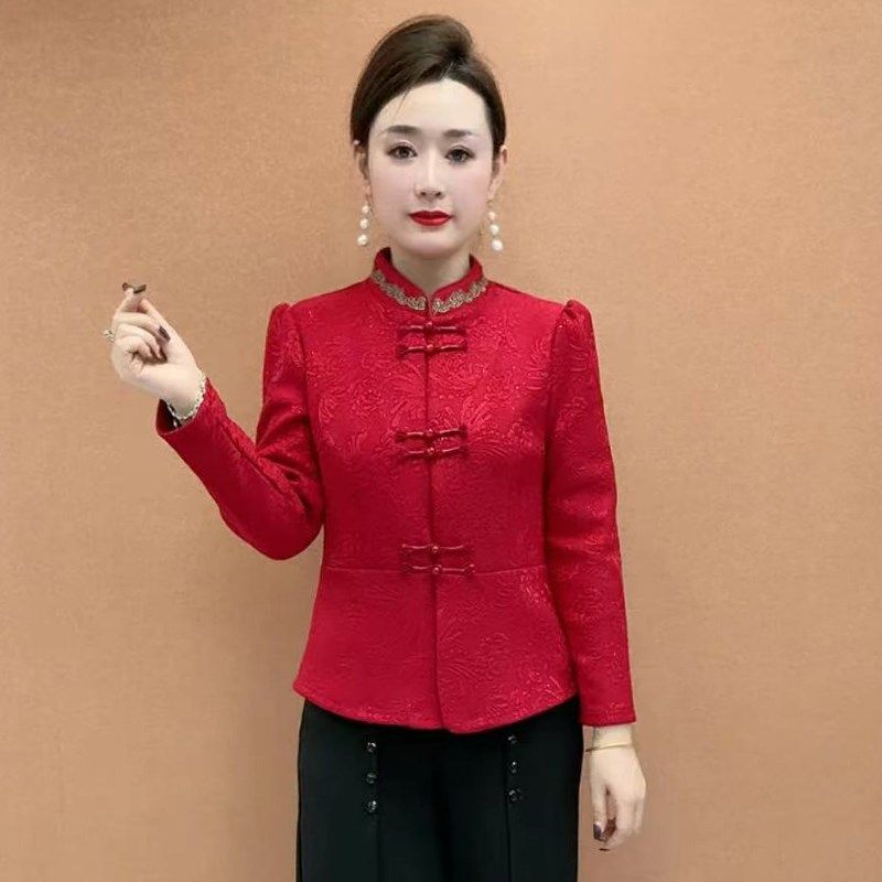 高端中老年妈妈加厚提花加绒保暖上衣本命年红色改良旗袍开衫外套