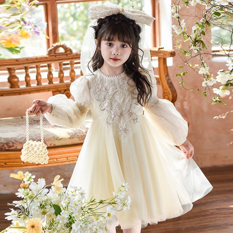 女童公主裙白色2025新款春装洋气生日礼服小女孩蓬蓬纱裙儿童裙子