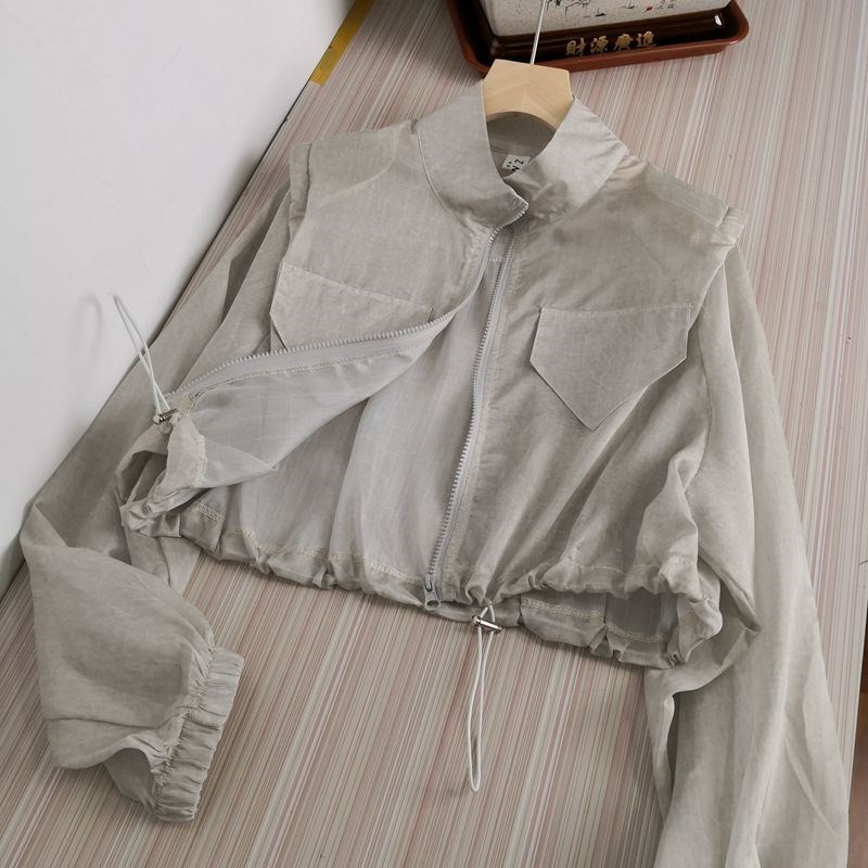 6838抽绳垫肩立领短款防晒衣女夏季新款宽松薄款休闲长袖上衣外套