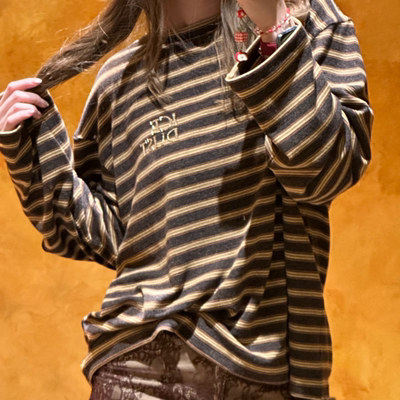 ICEDUST 25秋冬刺绣LOGO条纹长袖T恤宽松叠穿内搭 Rainbow集合店