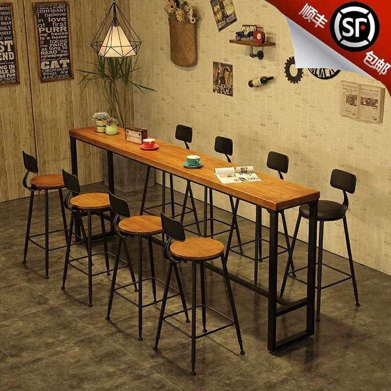 直销新款美式铁艺实木家用吧台桌椅奶茶店靠墙长条酒吧桌复古高脚