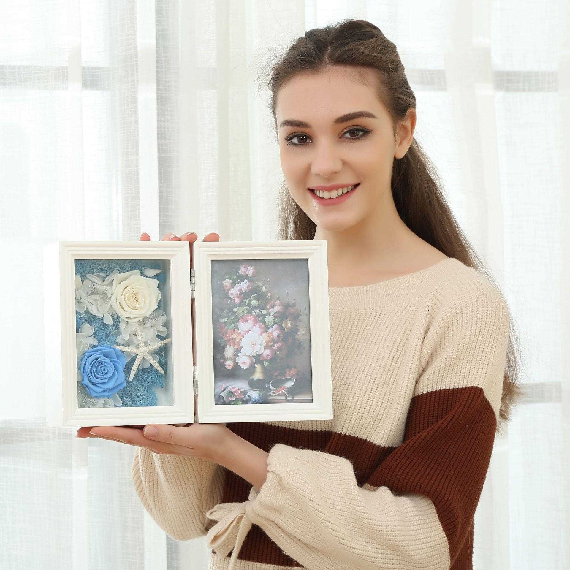 直销新款永生花相框 DIY永生花礼物 加厚新西兰松木5寸7寸折叠玫