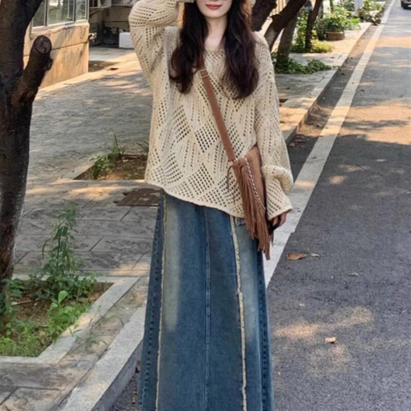 卡其色镂空套头长袖针织衫女春秋季薄款宽松毛衣罩衫外搭外穿上衣