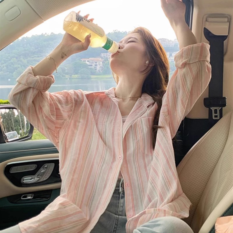 法式粉色竖条纹长袖衬衫外套女春秋秋季纯棉开衫外搭衬衣宽松上衣
