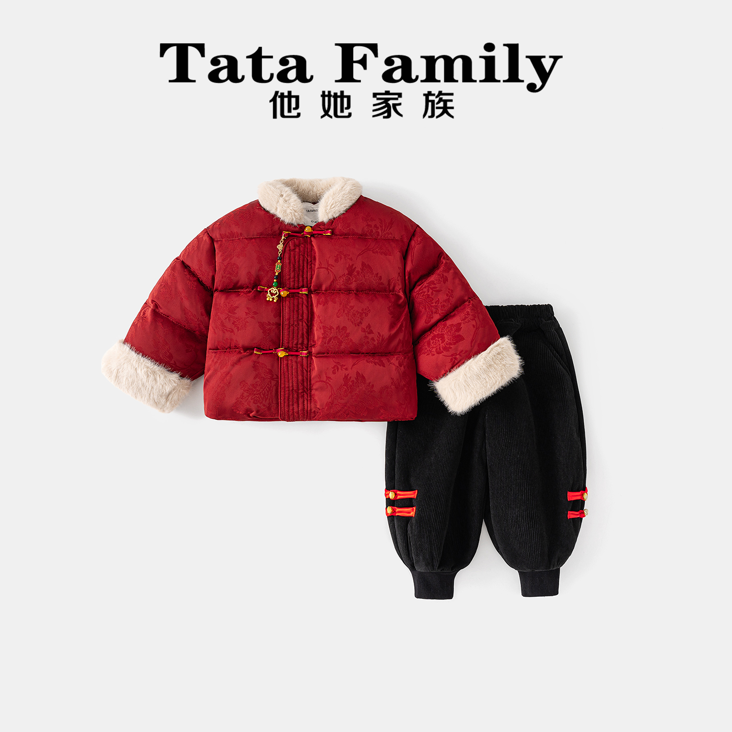 新中式国风红盘扣拜年服棉服套装男童冬季加厚拼接外套女童两件套