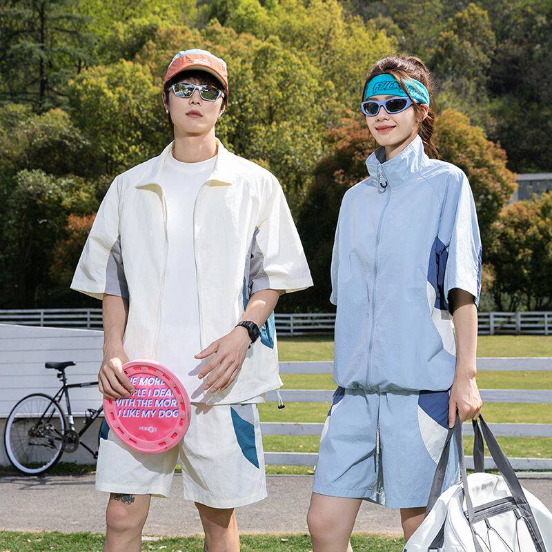 2026夏季撞色拼接运动短袖衬衫男女情侣宽松透气舒适速干休闲套装