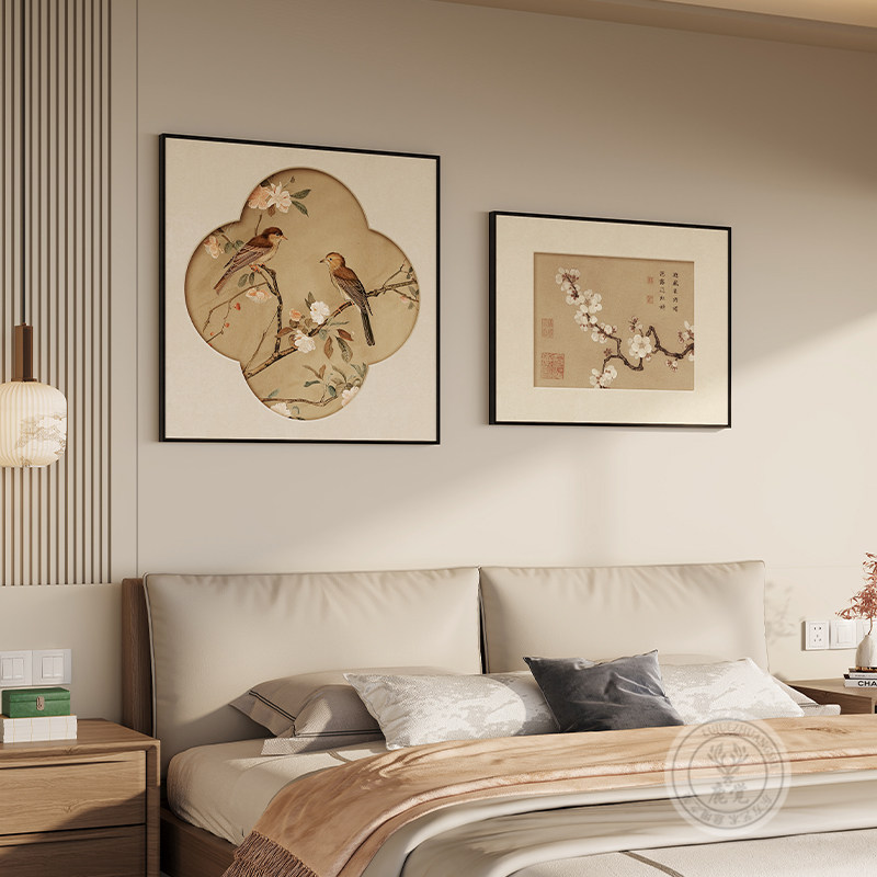 宋式美学喜上枝头卧室装饰画新中式主卧床头挂画高级感客厅组合画