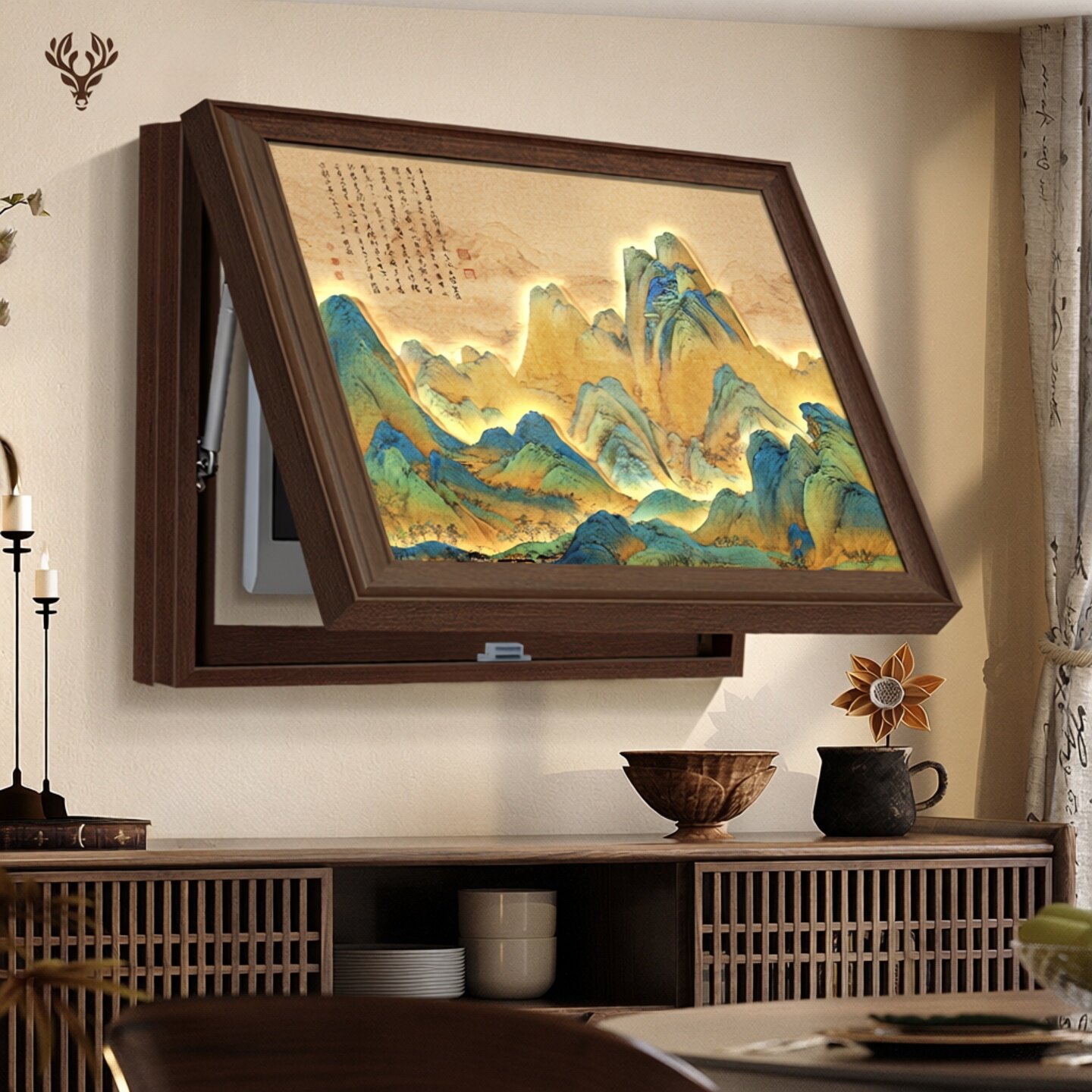 千里江山图电表箱装饰画背后有靠山电箱遮挡挂画新中式配电箱盖板