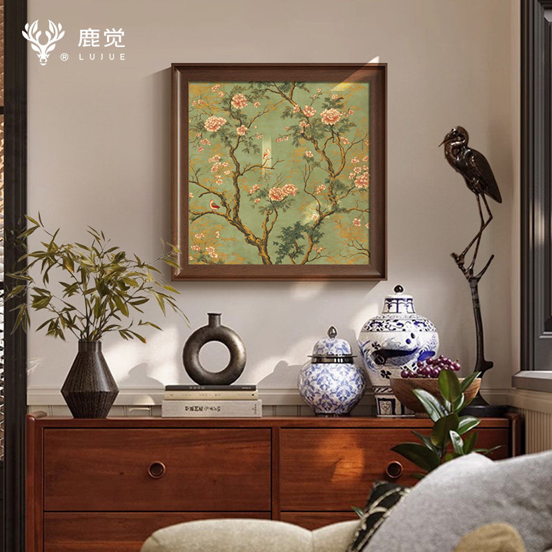 绿色挂画宋氏美学斗柜装饰画新中式花卉画客厅饭厅方形小清新壁画