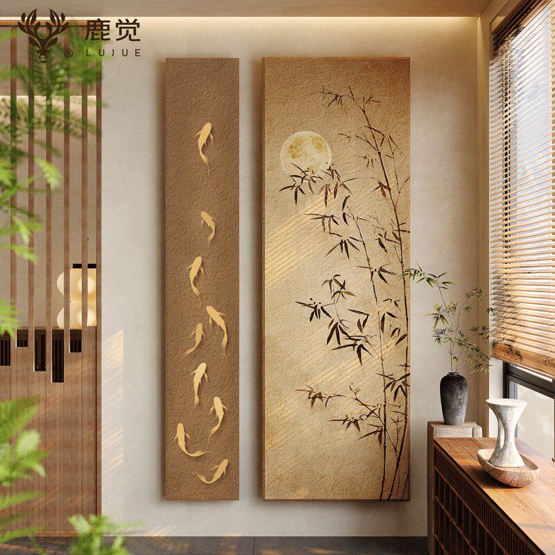 墨竹图玄关装饰画入户正对门九鱼图走廊尽头壁画宋氏美学民宿挂画