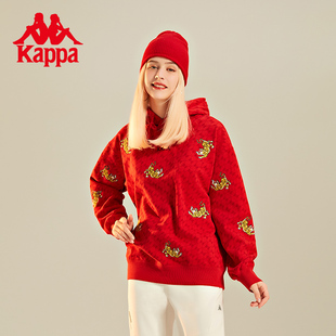 Kappa卡帕新年红色纯棉连帽针织套头衫女新款运动卫衣男休闲外套