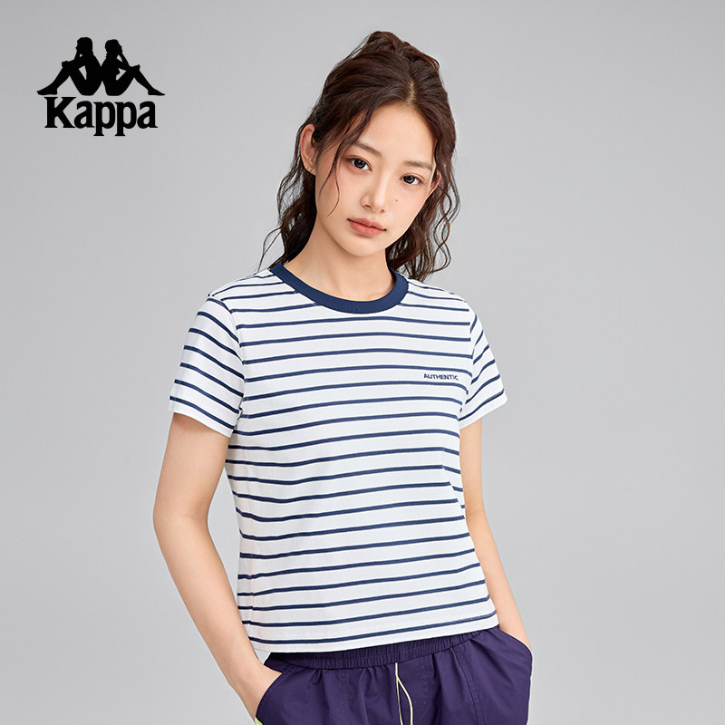 Kappa卡帕背靠背纯棉条纹T恤女2025新款宽松休闲短袖运动上衣夏季