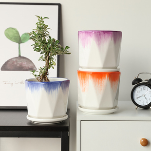 多边形花盆陶瓷带托盘发财树白掌绿萝植物多肉客厅阳台桌面花盆