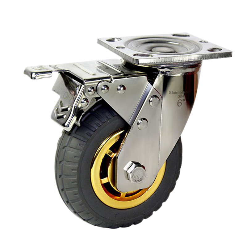 456寸万向轮重型带刹车弹力橡胶车轮子手推车静音轮8寸不锈钢脚轮