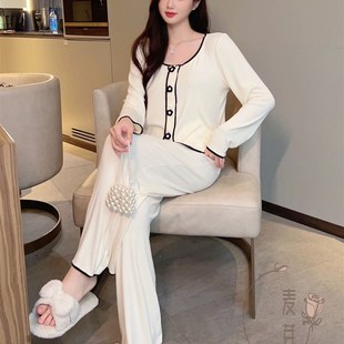 日本法式 长袖 新品 睡衣女纯棉2023年秋季 撞色宽松家居服两件式 套装