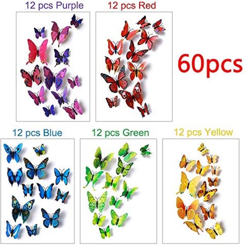 RW-H003 60PCS 3D Butterfly Wall Decals 5 Colors Simulation B