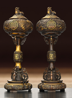 全铜香炉摆件五福贺寿炉家用办公室佛堂桌面装饰品佛前熏香炉铜炉