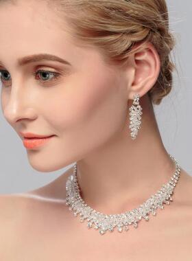 项链新娘耳环链配饰水晶婚纱饰品欧美套装套礼服女锁骨首饰水钻款
