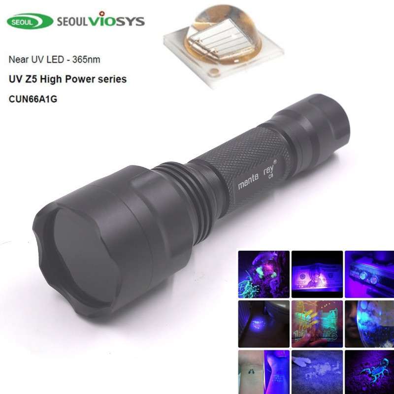 C8紫光SVC首尔5W365nm紫外UV固化LED灯珠手电筒珠宝鉴定18650充电