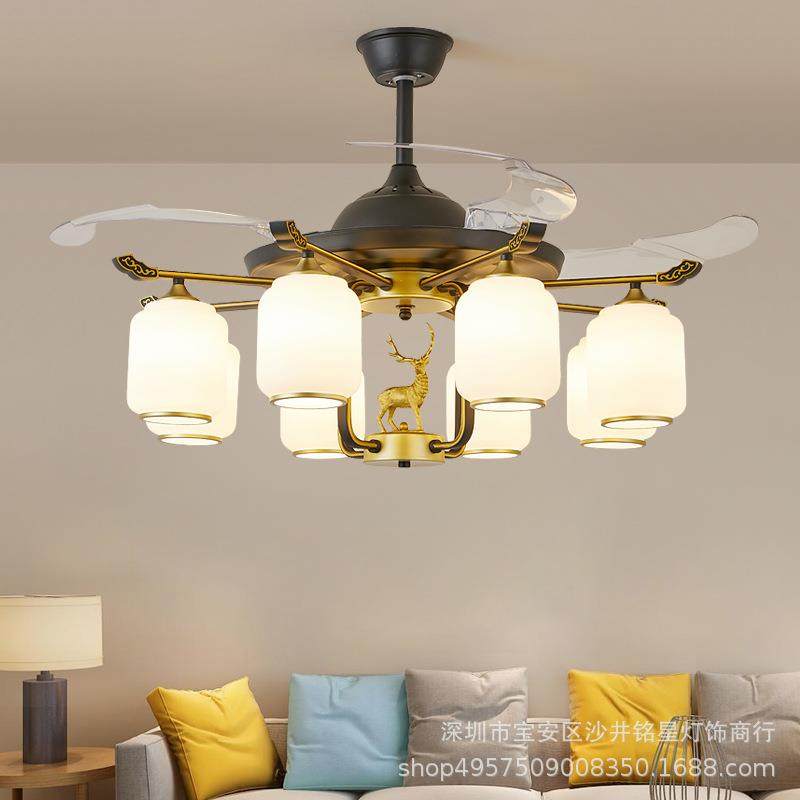 直销新款新中式风扇灯客厅吊扇灯中国风卧室书房家用餐厅风扇吊灯