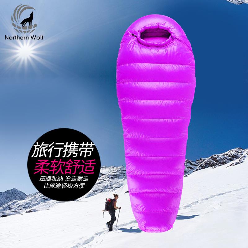 直销新款定制户外露营羽毛绒睡袋木乃伊式成人野营登山装备便携式